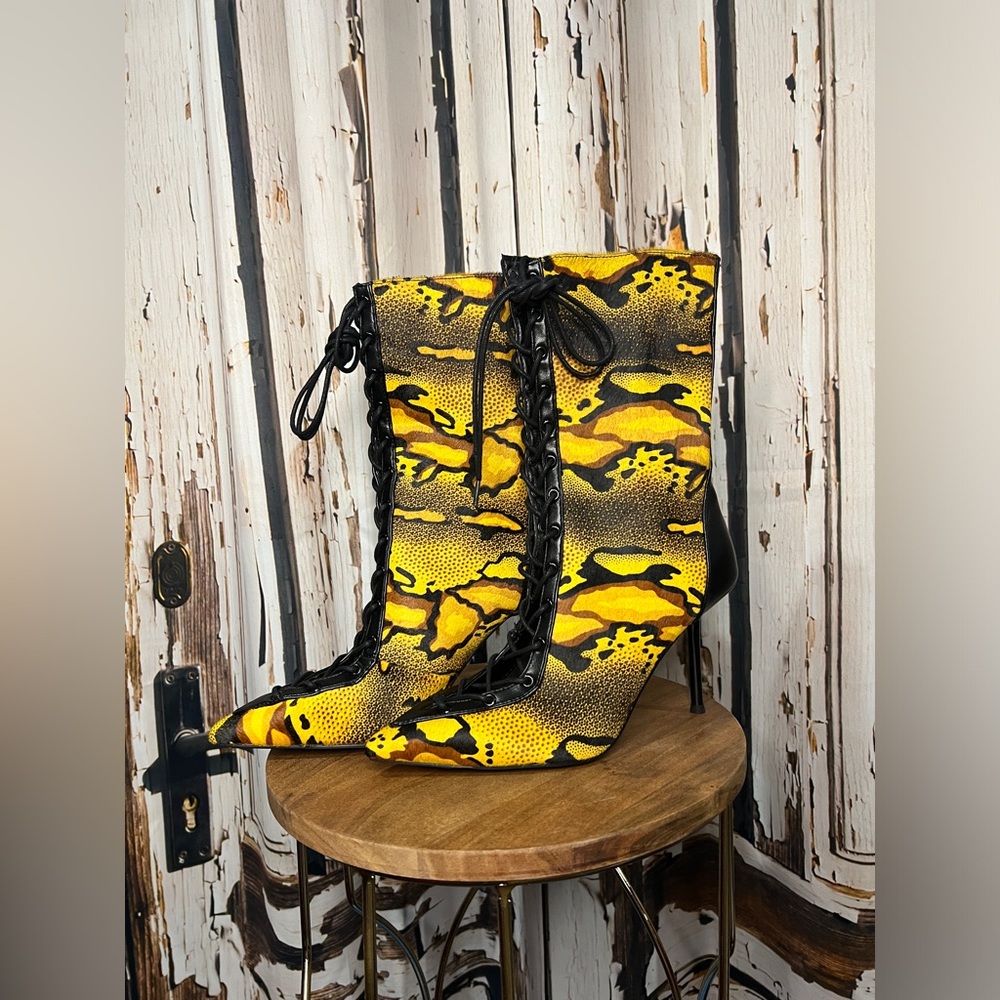 Vibrant Yellow and Black Lace-Up Heeled Boots - Picture 2 of 6